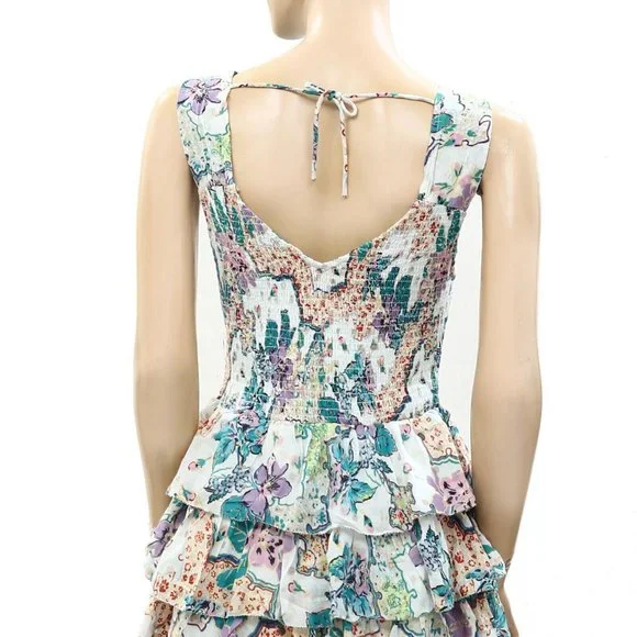 Love The Label Anthropologie Smocked Floral Printed Mini Dress Ruffle M
